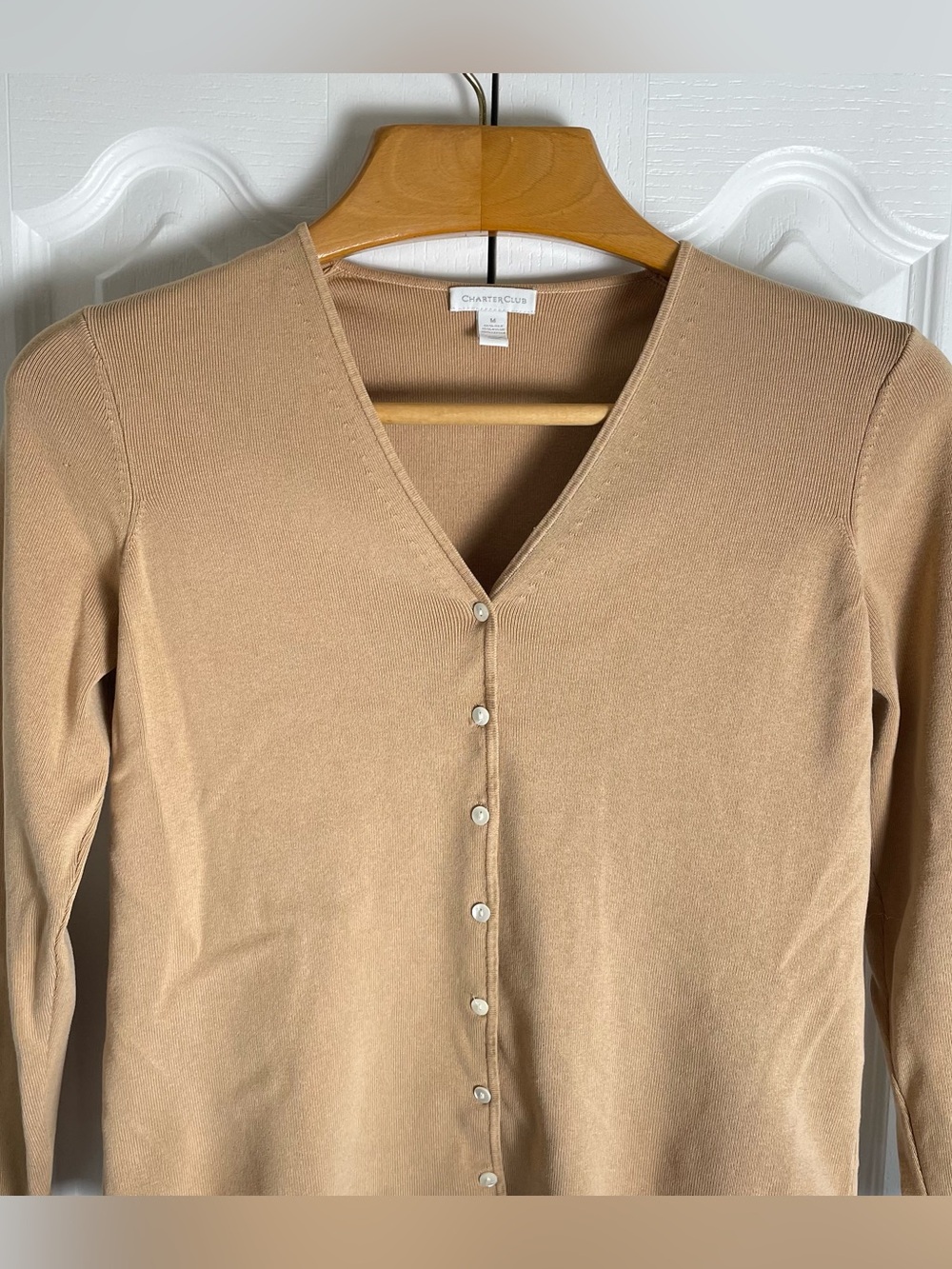 Charter Club Button Front Cardigan Jumper Women’s M Tan Silk Cotton Blend Preppy - Picture 2 of 10